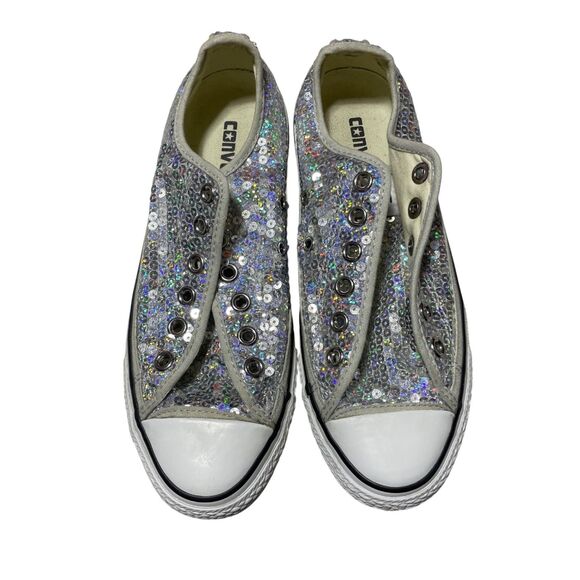 Converse Womens 7.5 Sequined All Star Silver Grey Tennis Shoes No Laces - Picture 2 of 11